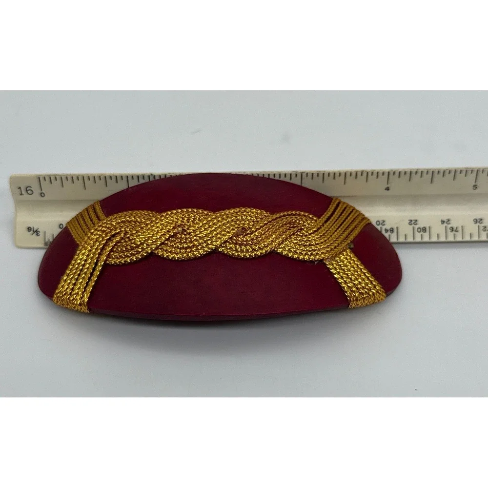 Vintage 80s 90s Burgundy Red Gold Braided Rope Oval Hair Barrette French Clip